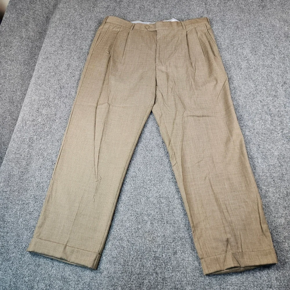 Kirkland Signature Mens 40x32 Wool Pleated Dress Slacks Tan Fancy Cuffed 709655
